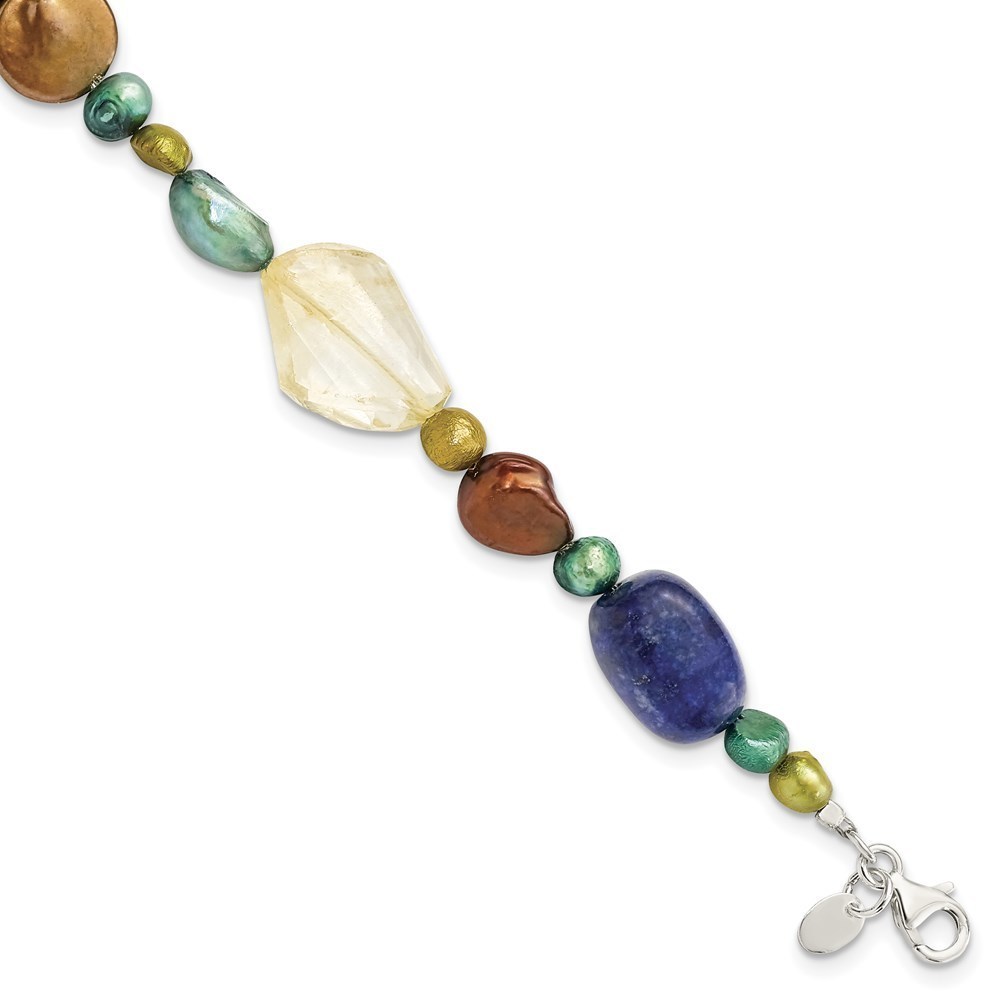 925 Sterling Silver Citrine, Lapis, Dyed Howlite, FWC Pearl 7.5" Bracelet